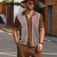 COOFANDY Men's 2 Piece Outfit Vintage Short Sleeve Button Down Knit Polo Shirts Casual Beach Shorts Sets - Image 6
