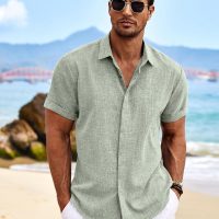 COOFANDY Men's Linen Shirts Short Sleeve Casual Shirts Button Down Shirt for Men Beach Summer Wedding Shirt - Image 2