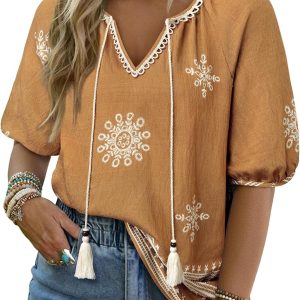 Vivilli Womens Summer Boho Tops Casual V Neck Short Sleeve Blouses Floral Print Shirt Tie Front Flowy Vacation Clothes