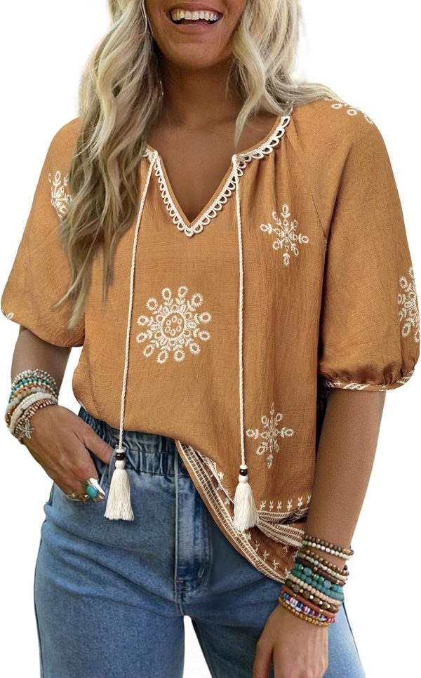 Vivilli Womens Summer Boho Tops Casual V Neck Short Sleeve Blouses Floral Print Shirt Tie Front Flowy Vacation Clothes