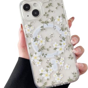ZTOFERA for iPhone 13/14 Magnetic Case Compatible with Magsafe,Aesthetic Floral Pattern Design Cute for Girl Women,Anti-Drop Protective Hard Phone Cover for iPhone 13/14-Big White Flower