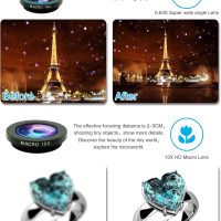 Cell Phone Camera Lens Kit,11 in 1 Universal 20x Telephoto 0.63Wide Angle 15X Macro 198°Fisheye 2X Telephoto Kaleidoscope CPL Starlight Eyemask Tripod,for Most iPhone Smartphone (Black) - Image 4