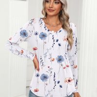 Zeagoo Women's Puff Long Sleeve Shirts Pleated V Neck Fall Tunic Tops Blouse Dressy Casual Loose Summer T-Shirts - Image 5