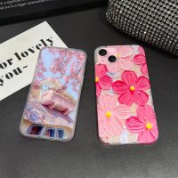 for iPhone 15 Plus Case Flowers Women Girly Aesthetic Sparkle Translucent Cute Floral With Phone Strap Charms Wristlet Oil Painting Shockproof Protective Phone Cases for iPhone 15 Plus Hot Pink - Image 3