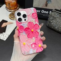 for iPhone 15 Plus Case Flowers Women Girly Aesthetic Sparkle Translucent Cute Floral With Phone Strap Charms Wristlet Oil Painting Shockproof Protective Phone Cases for iPhone 15 Plus Hot Pink - Image 8