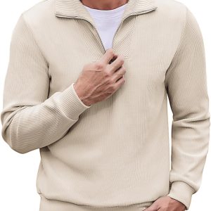 COOFANDY Men's Quarter Zip Up Pullover Mock Neck Long Sleeve Sweater Casual Corduroy Polo Sweatshirt