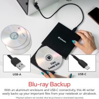 Verbatim Ultra HD 4K CD DVD Blu-ray Writer USB 3.2 GEN 1 USB-C Connectivity Slim Brushed Metal Enclosure Compatible with Mac and PC with Free 25GB Verbatim Blu-ray disc - Image 3