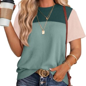 WIHOLL Womens Fashion 2025 Color Block Shirts Short Sleeve Crewneck Knitted Spring Summer Tops Casual Trendy