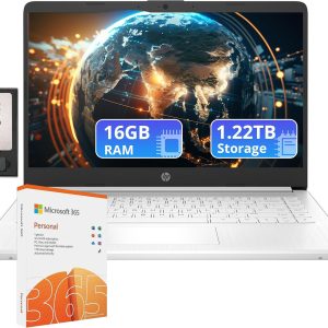 HP Flagship 14" HD Laptop with 1 Year Office 365 | 16GB RAM | 1.22TB Storage(64GB EMMC & 160GB Docking Station Set & 1TB Cloud Storage) | Intel 4-Core Processor | Webcam | Win 11s | White