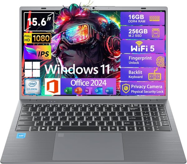Windows11 Intel Laptop 15.6”HD Display（Celeron N5095）16GB RAM 256GB SSD Storage，With Free Office 2024 | Fingerprint Unlock | Privacy Camera | Backlit Keyboard，Suitable for Student and Business