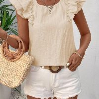 Womens Bow Tie Back Tops Round Neck Ruffle Short Sleeve Shirts Cute Babydoll Chiffon Tee Women Summer Trendy Tunic - Image 2