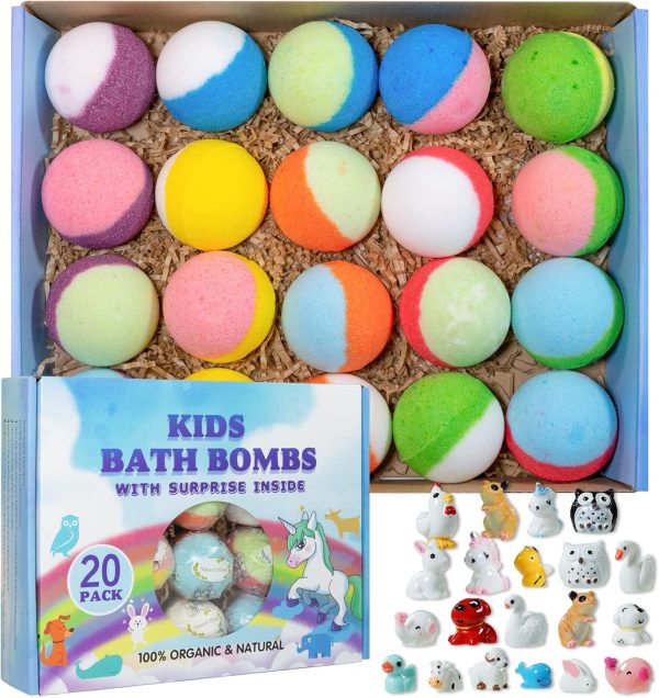 Bath Bomb Gift Set with Toys Inside, 20 Pack Organic Bath Bombs for Kids, Kids Safe Handmade Fizzy Balls for Kid, Ideal Birthday Easter Gift for Boys & Girls