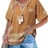 Vivilli Womens Summer Boho Tops Casual V Neck Short Sleeve Blouses Floral Print Shirt Tie Front Flowy Vacation Clothes - Image 3