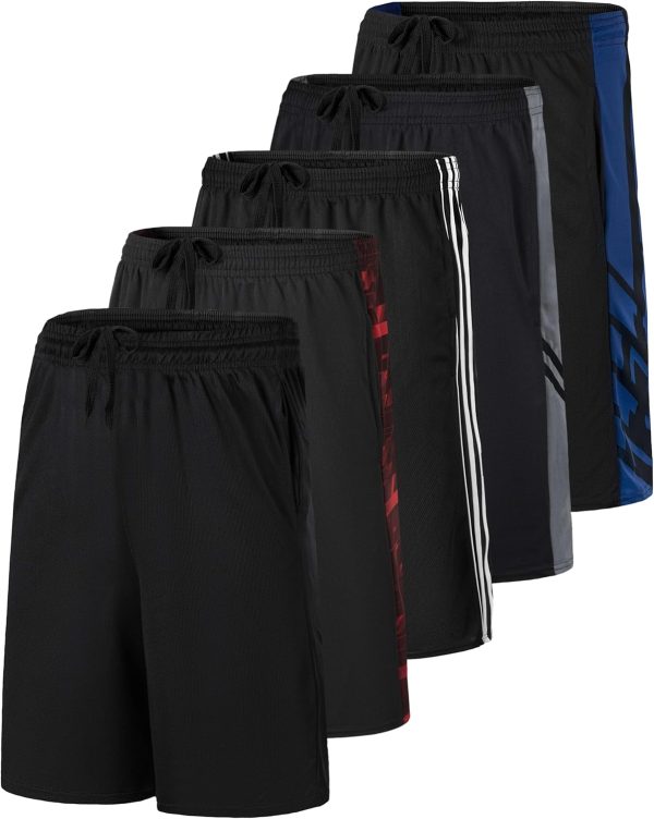 Real Essentials: Men’s 5 Pack 9" Mesh Shorts – Athletic Gym, Workout, Basketball, Running, Casual Lounge Activewear Pockets