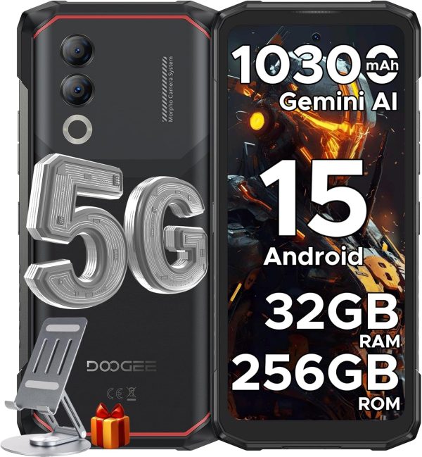 DOOGEE Blade 20 Turbo AI 5G Rugged Phone Unlocked,10300mAh/33W,Android 15 Rugged Smartphone,32GB+256GB/TF 2TB,Dimensity 7050,6.6”HD + 90Hz,50MP+16MP,Face ID/NFC/WiFi6/IP68/IP69K/3 Card Slot,Black