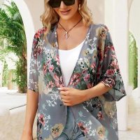 Women's Floral Print Puff Sleeve Kimono Cardigan Loose Cover Up Casual Blouse Tops - Image 8
