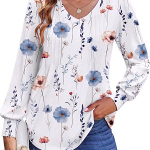 Zeagoo Women's Puff Long Sleeve Shirts Pleated V Neck Fall Tunic Tops Blouse Dressy Casual Loose Summer T-Shirts