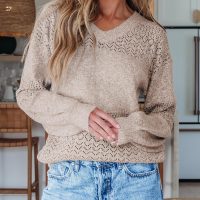 SHEWIN Women's Sweaters Casual Long Sleeve V Neck Lightweight Crochet Pullover Sweater Tops - Image 2