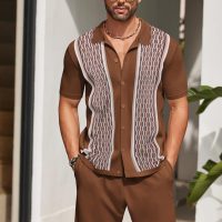COOFANDY Men's 2 Piece Outfit Vintage Short Sleeve Button Down Knit Polo Shirts Casual Beach Shorts Sets - Image 2