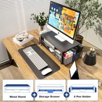 Desk Organizer and Accessories, 2-Tier Computer Monitor Stand Riser with Drawer and 2 Pen Holders, Laptop Stand, Office Desk Accessories for Office Supplies, Black - Image 7