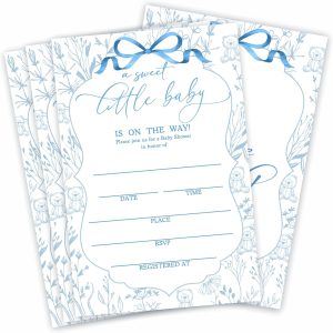 Blue Floral & Bow Baby Shower Invitations, 15 Invites With Envelopes For Gender Reveal, Baby Announcement - A68