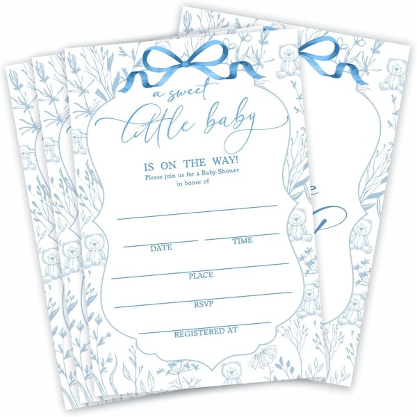 Blue Floral & Bow Baby Shower Invitations, 15 Invites With Envelopes For Gender Reveal, Baby Announcement - A68