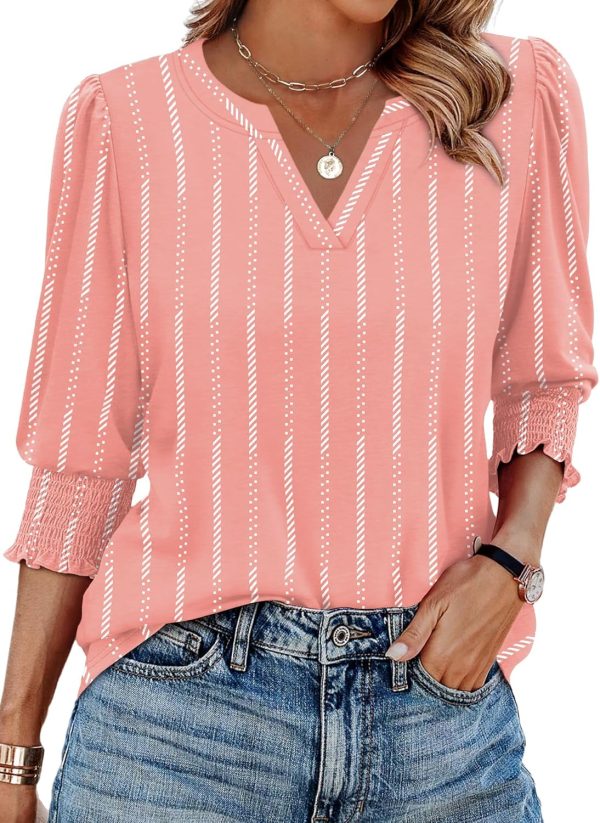 XIEERDUO Blouses for Women Dressy Casual 3/4 Length Sleeve Womens Tops V Neck T Shirts with Smocked Cuffs