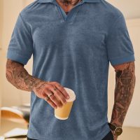 Mens Terry Polo Shirts Johnny Collar Casual Summer Short Sleeve Buttonless Shirt (S-XXL) - Image 3