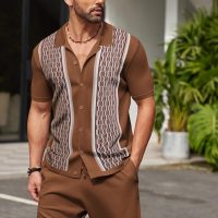 COOFANDY Men's 2 Piece Outfit Vintage Short Sleeve Button Down Knit Polo Shirts Casual Beach Shorts Sets - Image 3