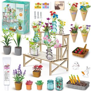 Make It Miniature Botanicals Kit - Mini Plants Collectibles with Flowers, Bouquets, Bonsai, Succulent, Garden, Wooden Display Stand - DIY Crafts Toy Gifts for Kids 6+, Collectors, Decoration