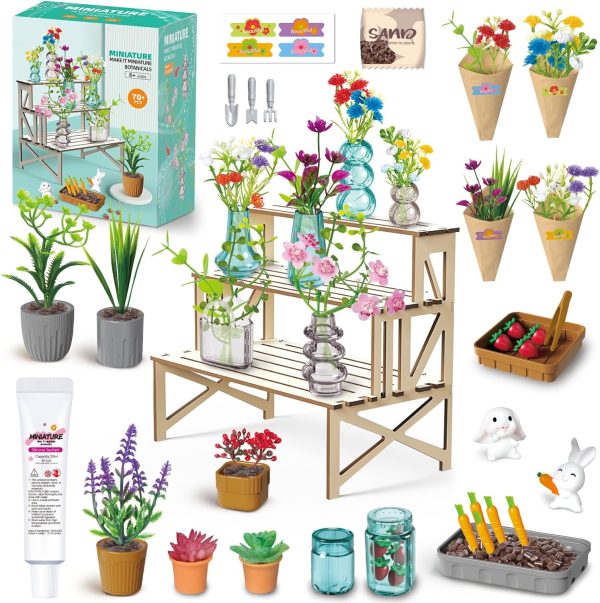 Make It Miniature Botanicals Kit - Mini Plants Collectibles with Flowers, Bouquets, Bonsai, Succulent, Garden, Wooden Display Stand - DIY Crafts Toy Gifts for Kids 6+, Collectors, Decoration