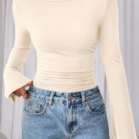 PRETTYGARDEN Women's Long Sleeve Shirts 2025 Fall Crop Going Out Tops Casual Boat Neck Bell Sleeve Ribbed Ruched Y2K Clothes - Image 8