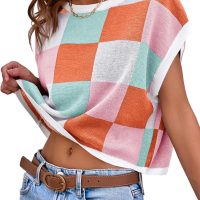 Saodimallsu Womens Cap Sleeve Crop Tops Summer Color Block Going Out Crew Neck Knit Trendy Casual Sweater - Image 3