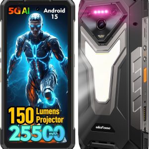 Ulefone Armor 34 Pro 5G Rugged Smartphone with 150 Lumens Projector, 32GB+512GB ROM/2TB, 25500mAh 66W, Android 15, 6.95" 120Hz, 64MP+50MP+50MP 32MP, 1100LM LED Light/Waterproof/NFC/Dual 5G/Widevine L1
