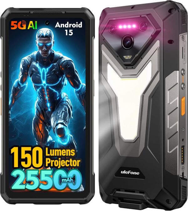 Ulefone Armor 34 Pro 5G Rugged Smartphone with 150 Lumens Projector, 32GB+512GB ROM/2TB, 25500mAh 66W, Android 15, 6.95" 120Hz, 64MP+50MP+50MP 32MP, 1100LM LED Light/Waterproof/NFC/Dual 5G/Widevine L1