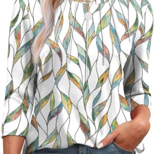 XIEERDUO 3/4 Length Sleeve Womens Tops Round Neck Casual Tunic Tops Basic Pleated Shirts Loose Fit 2025