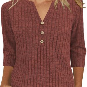 JomeDesign Sweaters for Women 3/4 Sleeve V Neck Shirts Dressy Casual Blouses Loose Fit Tunic Tops