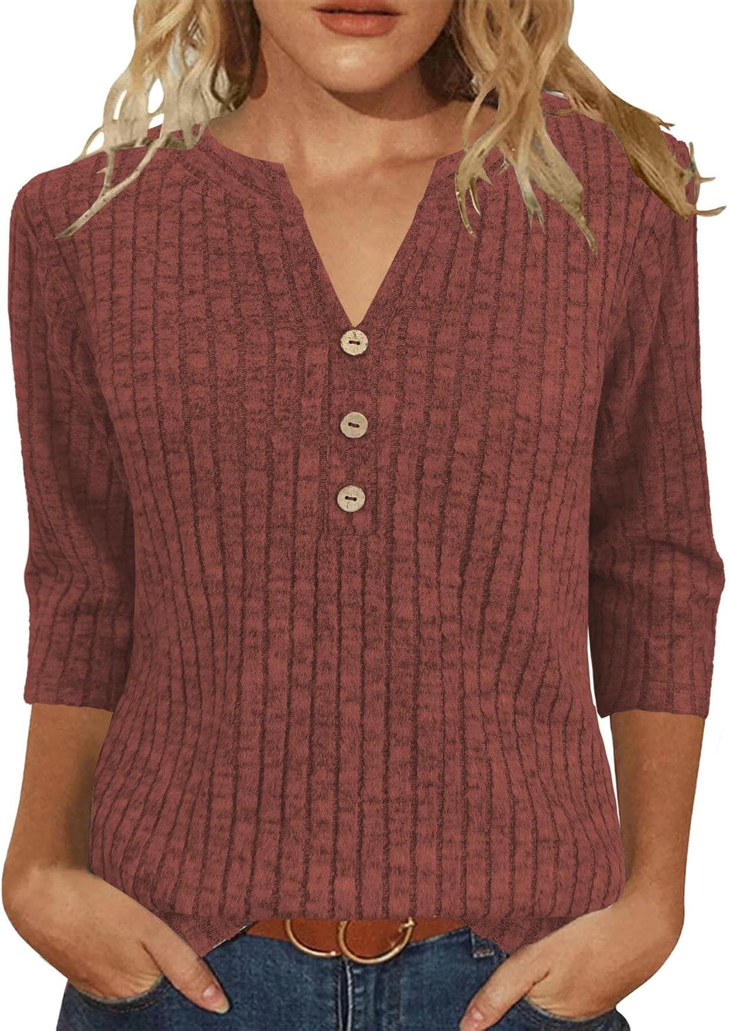 JomeDesign Sweaters for Women 3/4 Sleeve V Neck Shirts Dressy Casual Blouses Loose Fit Tunic Tops