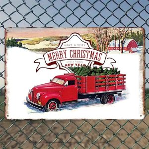 Merry Christmas Truck Trees Christmas Decorations Rustic Aluminum Wall Art & Metal Tin Sign - 8x12in Vintage Indoor Outdoor Decor for Home, Office, Cafe, Yard & Garden
