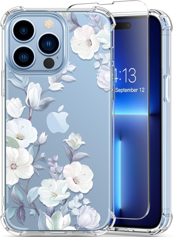 GVIEWIN for iPhone 13 Pro Case with Screen Protector & Camera Lens Protector, [10FT Military Grade Drop Protection] Clear Shockproof Slim Fit Floral Phone Case for Women 6.1" (Hibiscus)