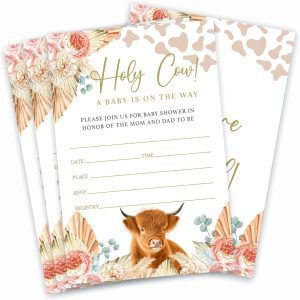 Holy Cow! Baby Shower Invitation, Floral & little cow, 15 Invites With Envelopes, Gender Reveal, Baby Announcement, Party Favor & Decorations - A17