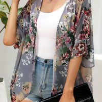 Women's Floral Print Puff Sleeve Kimono Cardigan Loose Cover Up Casual Blouse Tops - Image 4