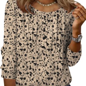 Zeagoo 3/4 Length Sleeve Womens Tops Round Neck Casual Summer Tunic Tops Basic Tees Blouses Dressy T-Shirts Pleated Shirts