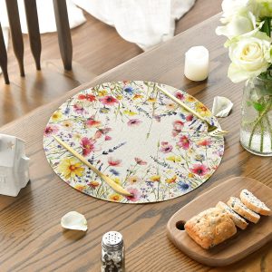 Daisy Lavender Floral Leaves Spring Round Placemats Set of 4,14 Inch Seasonal Spring Table Mats for Party Kitchen Dining Decoration
