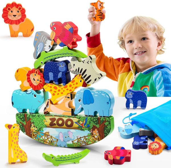 Animals Montessori Toddler Toys 3 4 5 6 7 8 Year Old Boys Girls Wooden Animal Blocks Stacking Toy Kids Birthday Gifts for Boy Girl Age 3-7 Educational Toys Fine Motor Balance Game