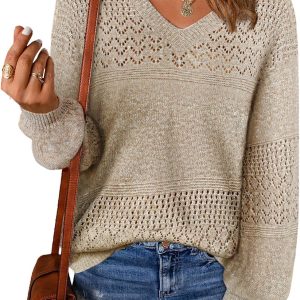 MixShe Womens Knit Sweaters 2025 Fall V Neck Long Sleeve Pullover Casual Loose Tops