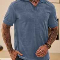 Mens Terry Polo Shirts Johnny Collar Casual Summer Short Sleeve Buttonless Shirt (S-XXL) - Image 2