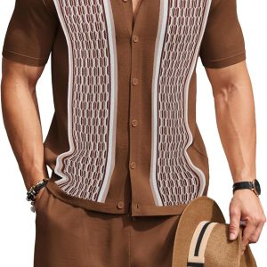 COOFANDY Men's 2 Piece Outfit Vintage Short Sleeve Button Down Knit Polo Shirts Casual Beach Shorts Sets