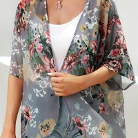 Women's Floral Print Puff Sleeve Kimono Cardigan Loose Cover Up Casual Blouse Tops - Image 5