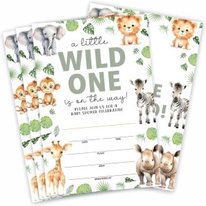 Safari Animals Baby Shower Invitations - A Little Wild One Is On The Way - 15 Invites With Envelopes For Gender Reveal, Gender Neutral Invitations - A66